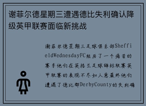 谢菲尔德星期三遭遇德比失利确认降级英甲联赛面临新挑战