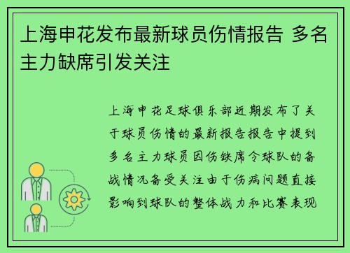 上海申花发布最新球员伤情报告 多名主力缺席引发关注